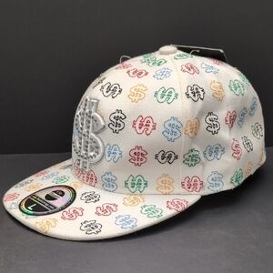 NWT,City Hunter Dollar Sign White Flat Bill Fitted Hat,Size XL7 3/4.
